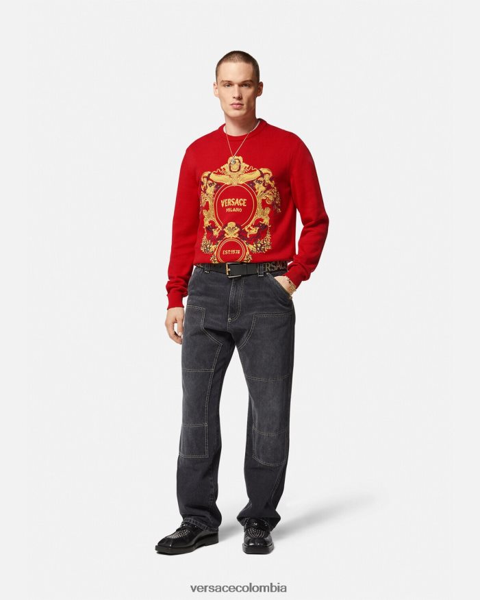 hombres suéter con bordado barroco en intarsia Versace rojo 2RP40F1345 ropa