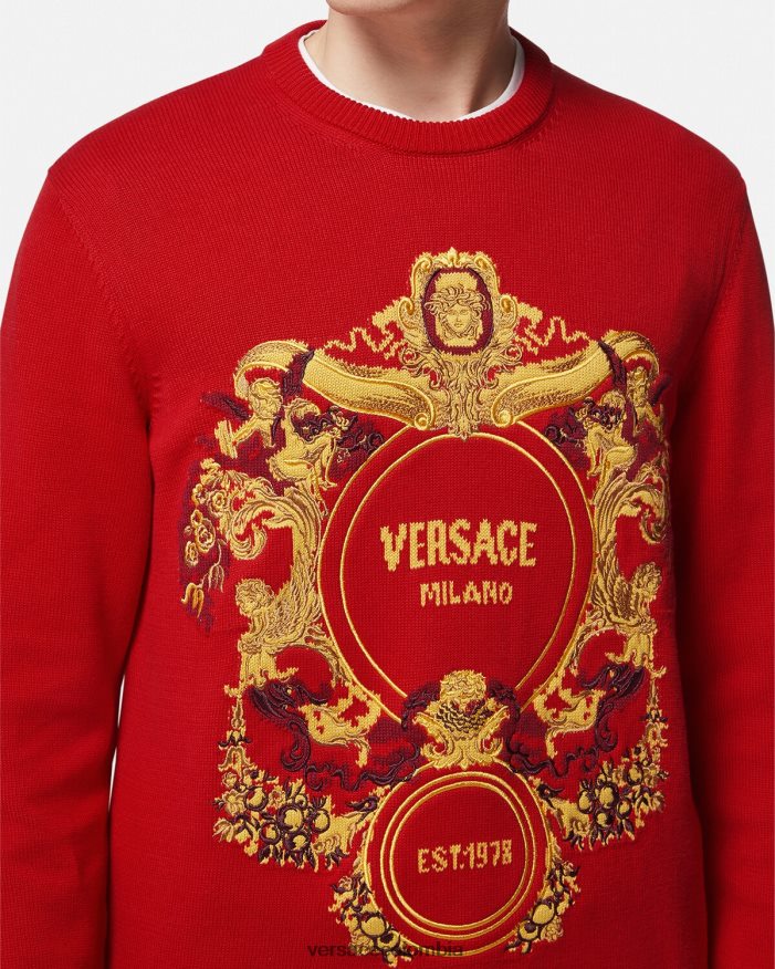 hombres suéter con bordado barroco en intarsia Versace rojo 2RP40F1345 ropa