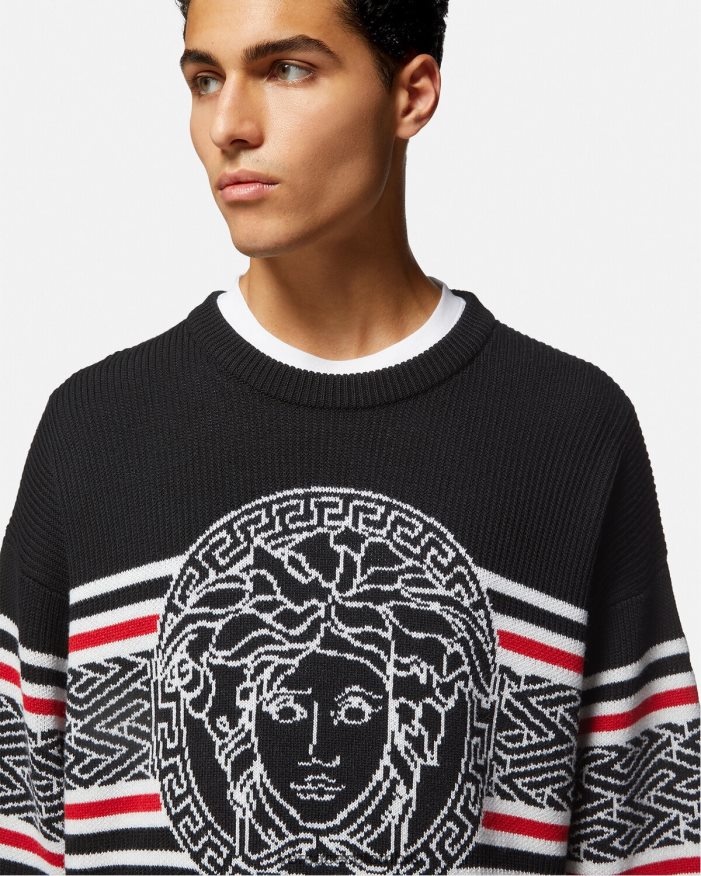 hombres suéter con medusa a rayas en jacquard Versace negro 2RP40F1344 ropa