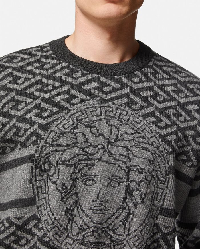 hombres suéter con medusa en jacquard la greca Versace gris negro 2RP40F1339 ropa