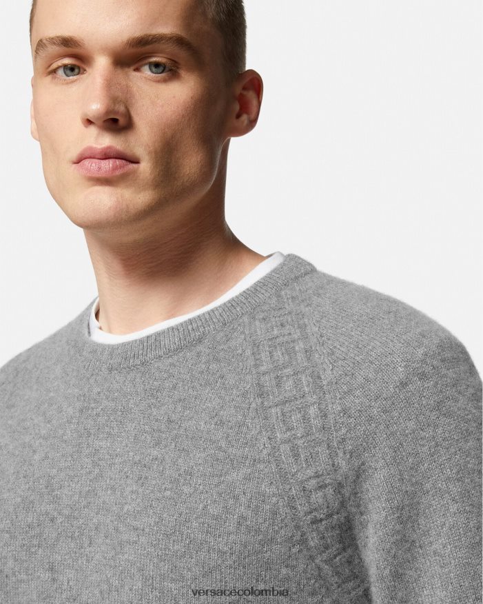 hombres suéter de cachemira con greca Versace gris 2RP40F1333 ropa