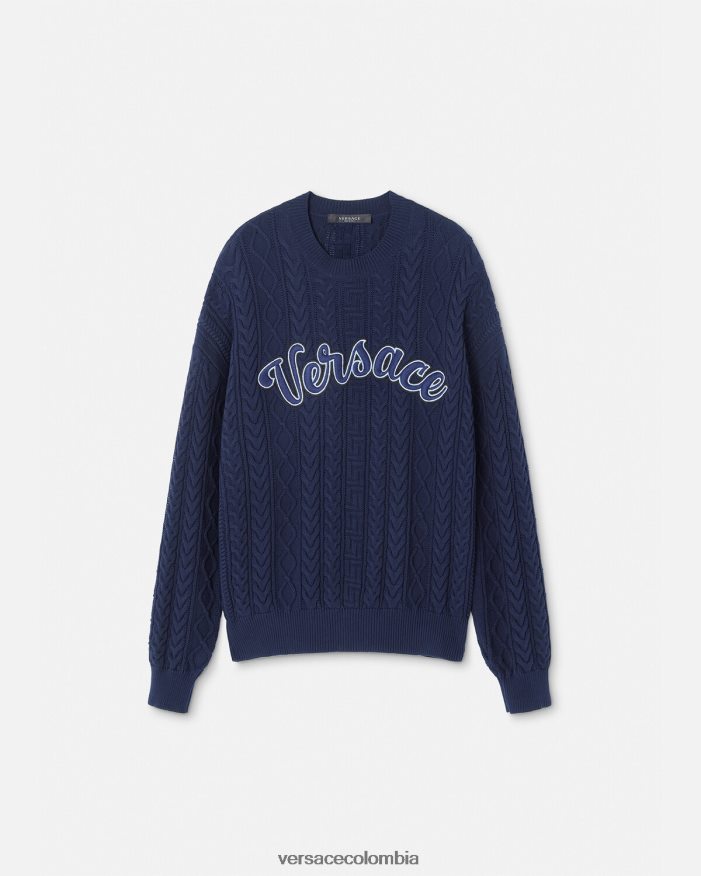 hombres suéter de punto universitario con Greca Versace azul 2RP40F1350 ropa