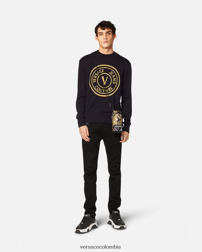 hombres suéter tejido con emblema en V Versace negro y estampado 2RP40F2434 ropa
