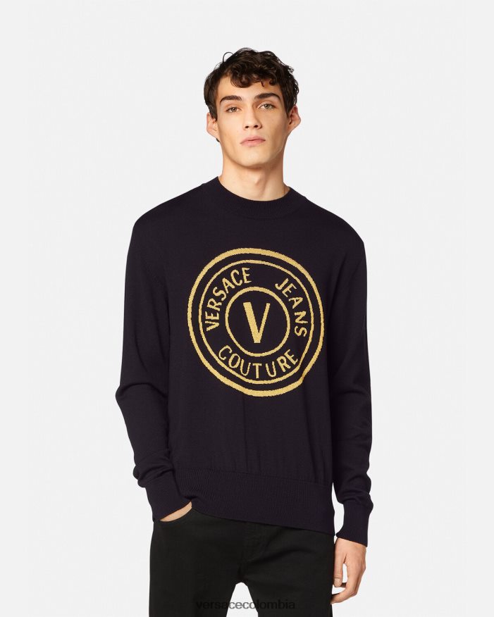 hombres suéter tejido con emblema en V Versace negro y estampado 2RP40F2434 ropa