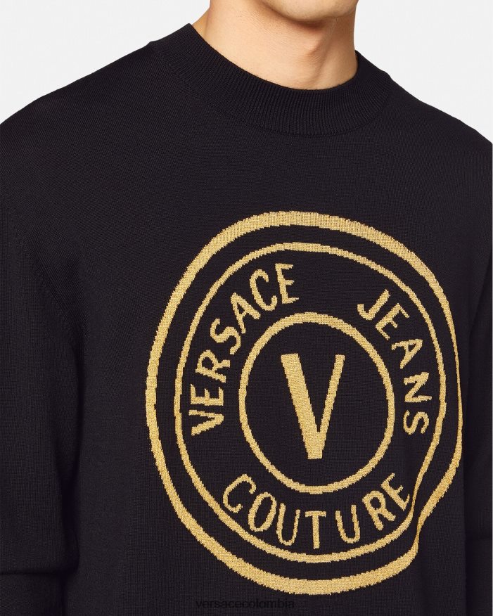 hombres suéter tejido con emblema en V Versace negro y estampado 2RP40F2434 ropa