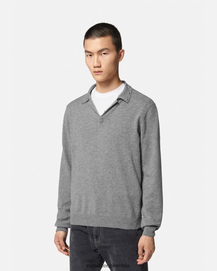 hombres suéter tipo polo con tachuelas en espiral Versace gris 2RP40F1348 ropa