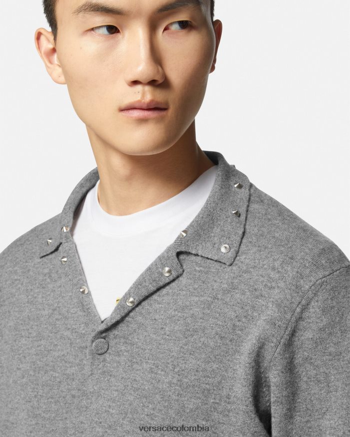 hombres suéter tipo polo con tachuelas en espiral Versace gris 2RP40F1348 ropa