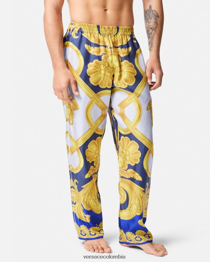 hombres pantalones de pijama de seda barroco 660 Versace azul y oro 2RP40F1740 ropa interior y ropa de playa