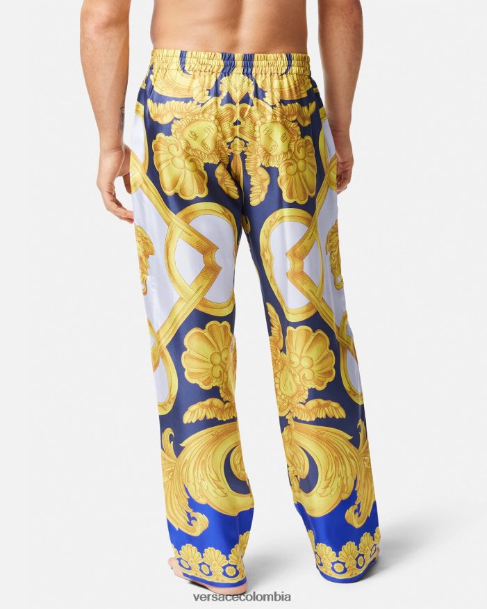 hombres pantalones de pijama de seda barroco 660 Versace azul y oro 2RP40F1740 ropa interior y ropa de playa