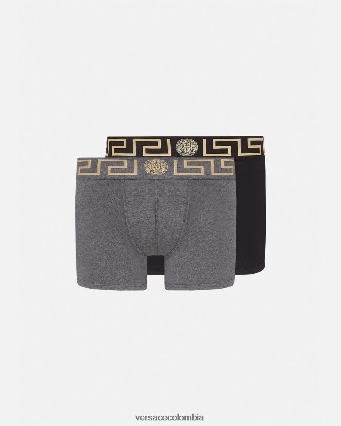 hombres Pack de 2 calzoncillos largos con borde de Greca Versace gris negro 2RP40F1764 ropa interior y ropa de playa