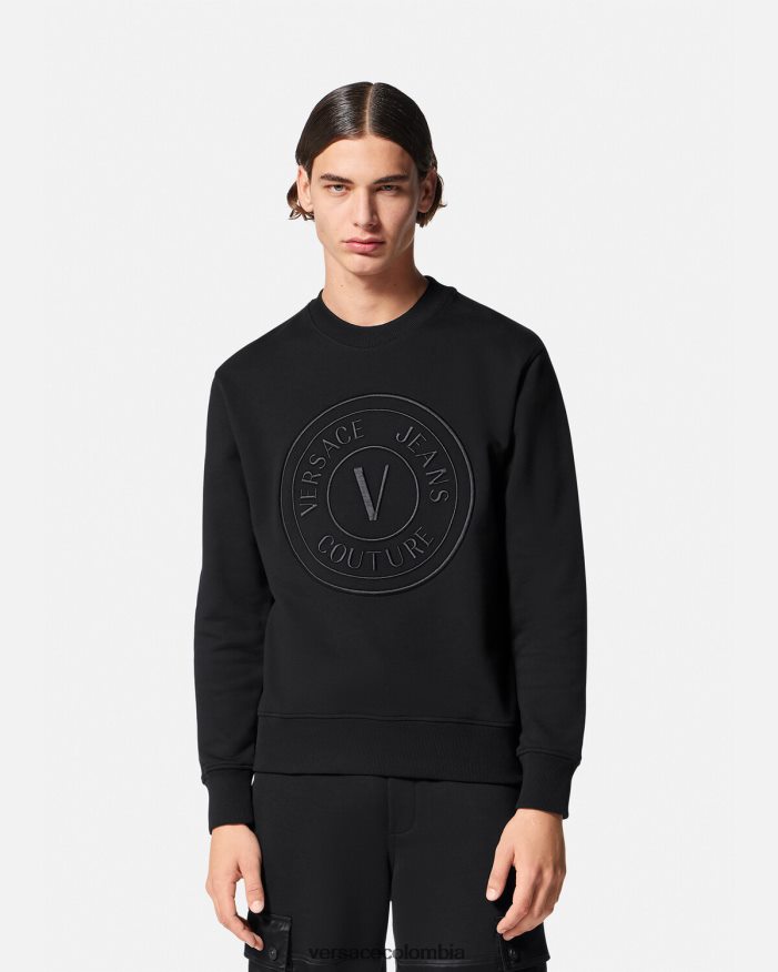 hombres sudadera con emblema en V bordado Versace negro 2RP40F2412 ropa