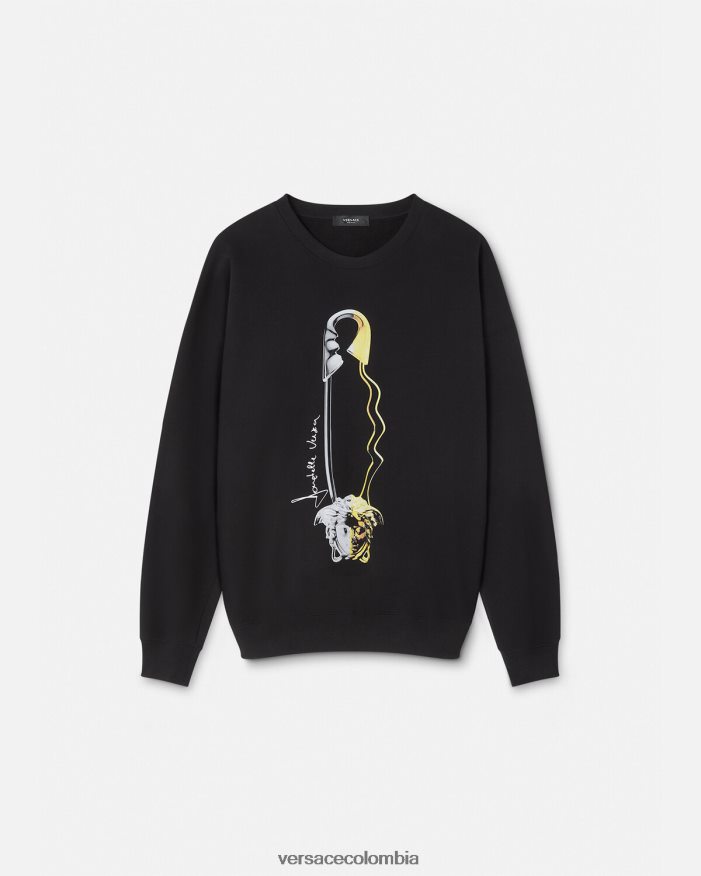 hombres sudadera con estampado de pin de seguridad Versace negro 2RP40F1420 ropa
