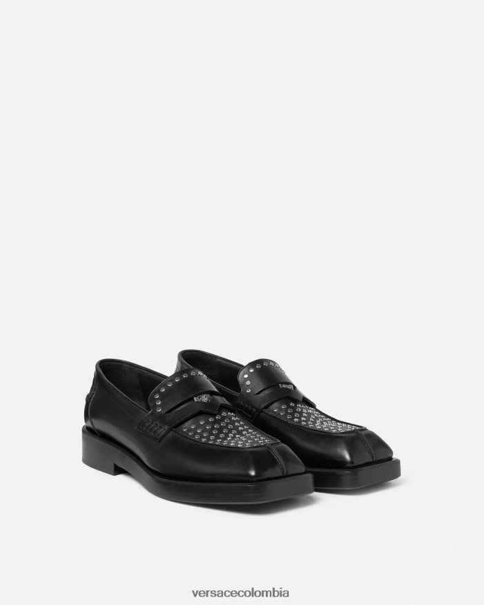 hombres mocasines cuadrados con tachuelas Versace negro 2RP40F1578 zapato