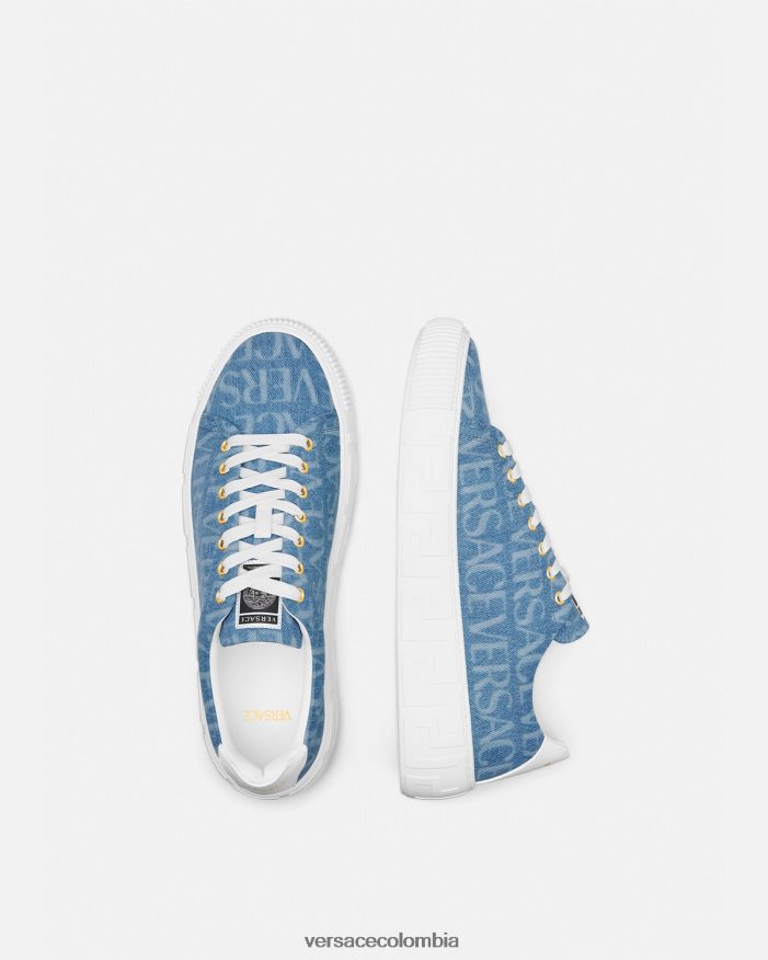 hombres zapatillas con greca en denim integral Versace azul claro 2RP40F1548 zapato