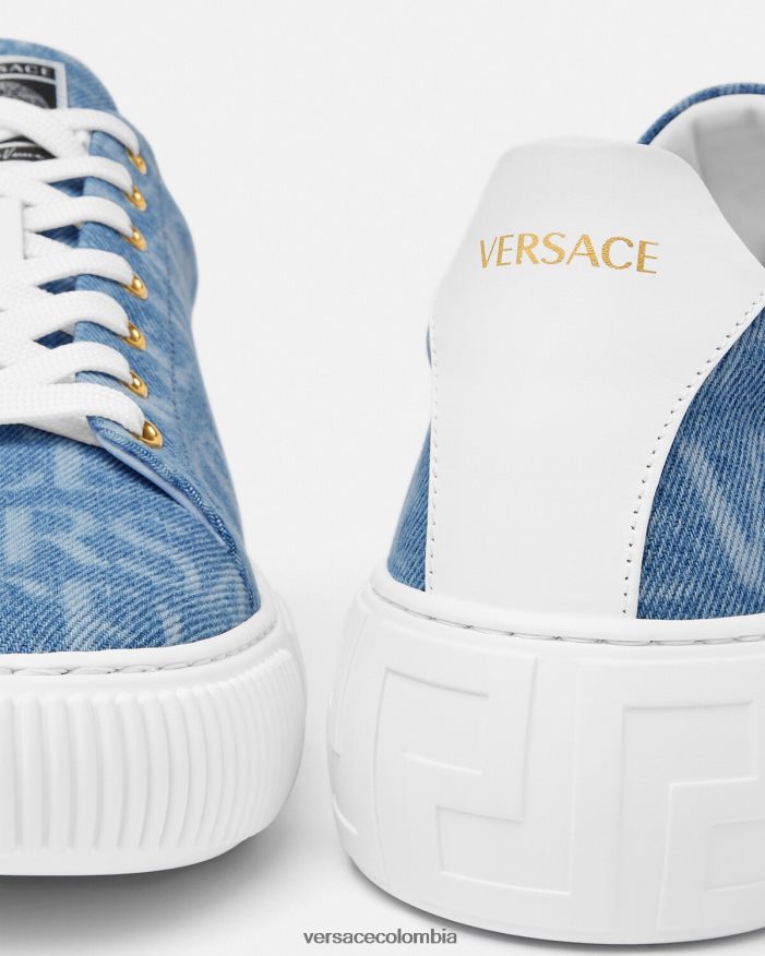 hombres zapatillas con greca en denim integral Versace azul claro 2RP40F1548 zapato