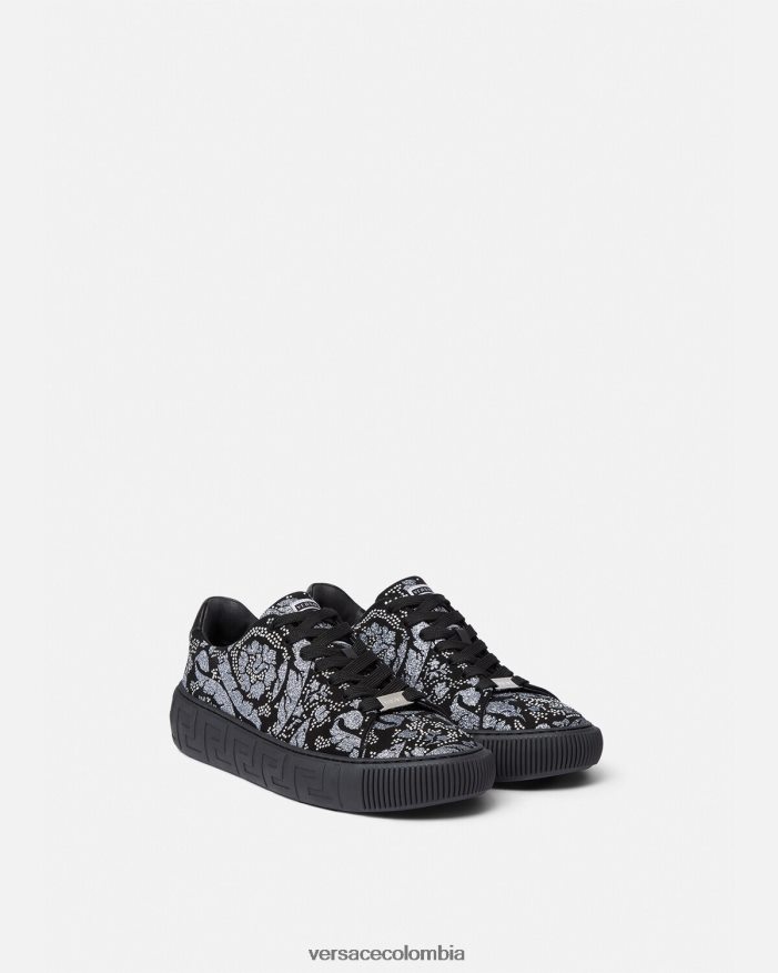 hombres zapatillas con greca y tachuelas Versace negro 2RP40F1555 zapato