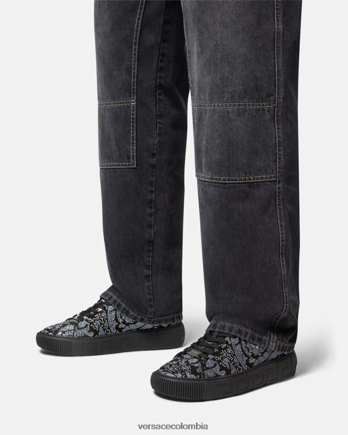 hombres zapatillas con greca y tachuelas Versace negro 2RP40F1555 zapato