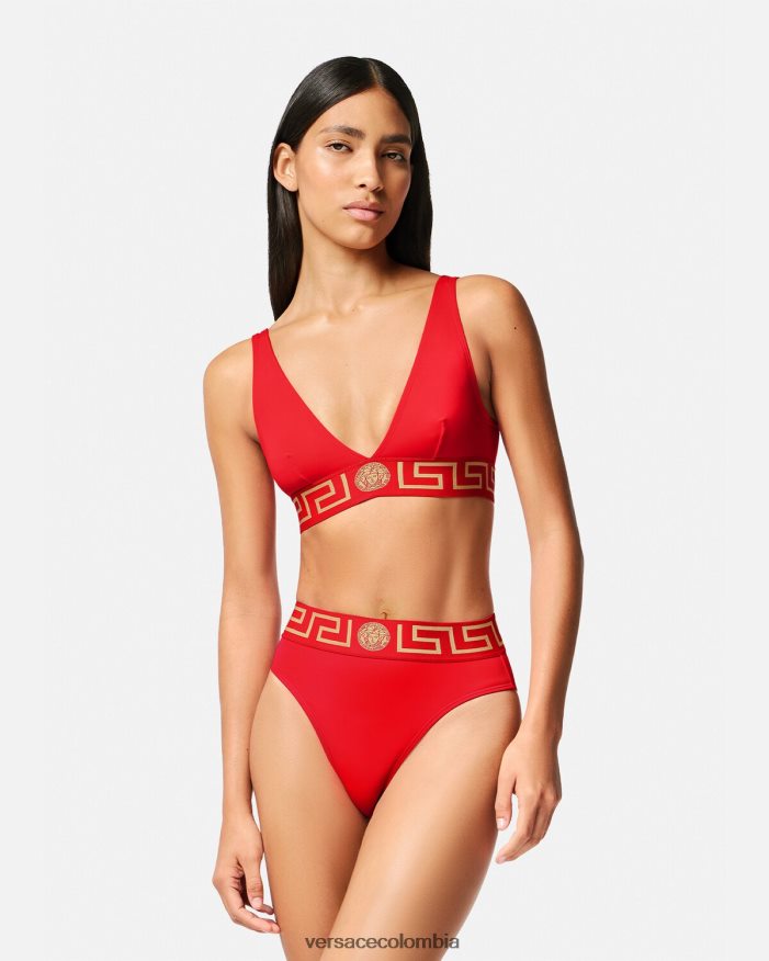 mujer braguitas de bikini de talle alto con borde con Greca Versace rojo 2RP40F1154 ropa interior y ropa de playa