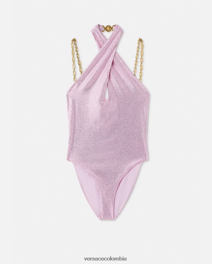 mujer traje de baño con greca de cristal Versace rosa 2RP40F1124 ropa interior y ropa de playa