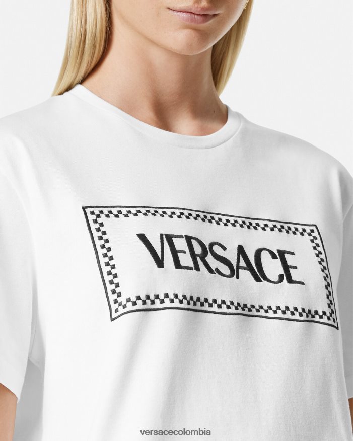mujer camiseta con logo bordado Versace blanco negro 2RP40F136 ropa