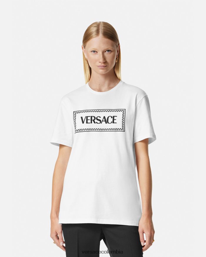 mujer camiseta con logo bordado Versace blanco negro 2RP40F136 ropa
