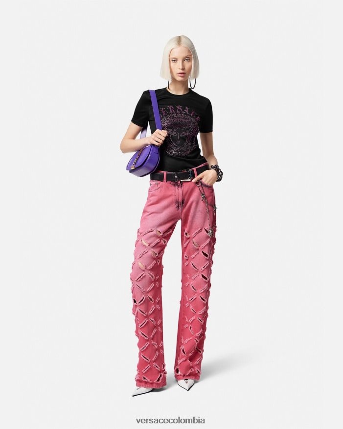 mujer camiseta con logo de medusa y cristales Versace negro y rosa 2RP40F153 ropa