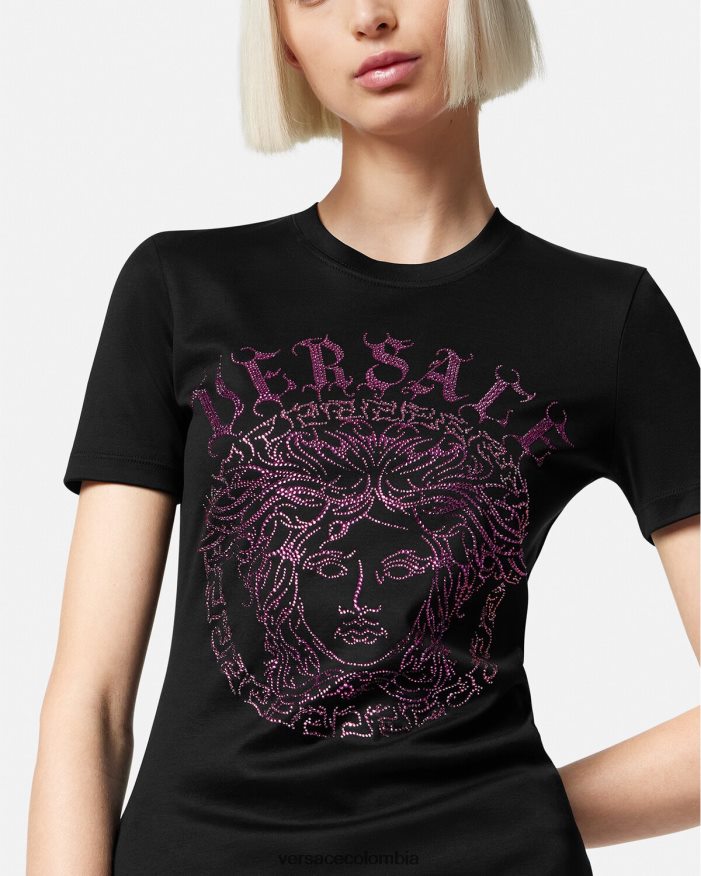 mujer camiseta con logo de medusa y cristales Versace negro y rosa 2RP40F153 ropa
