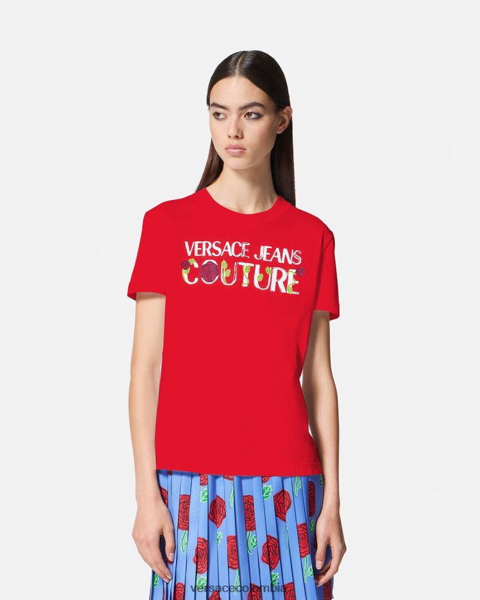 mujer camiseta con logo de rosas Versace naranja 2RP40F2168 ropa