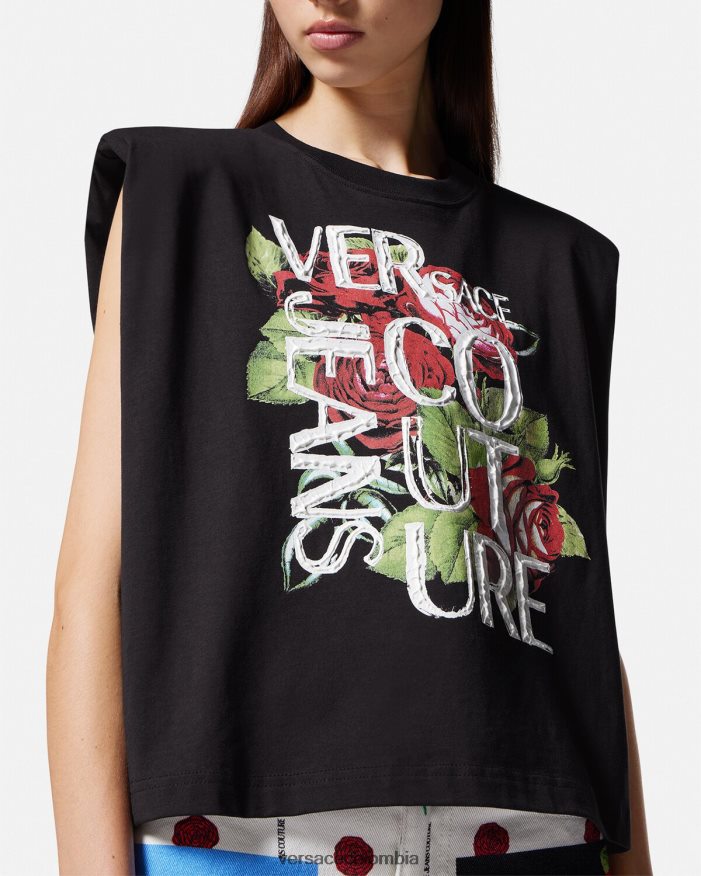 mujer camiseta con logo de rosas Versace negro 2RP40F2174 ropa