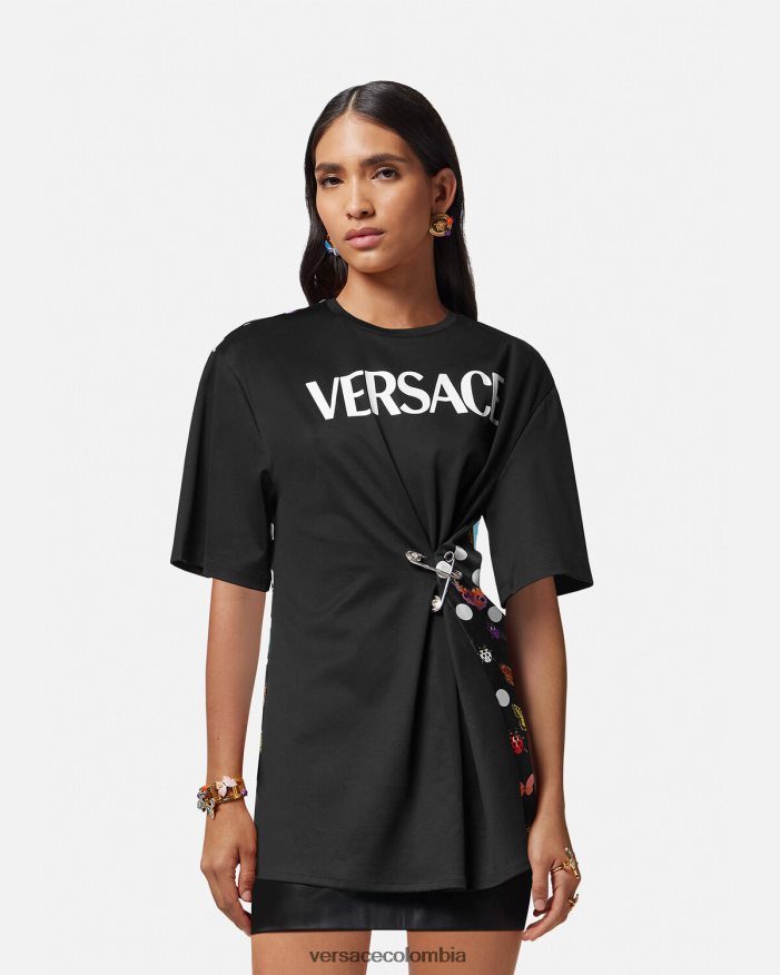 mujer camiseta con logo y mariposas Versace negro y naranja y rojo 2RP40F131 ropa