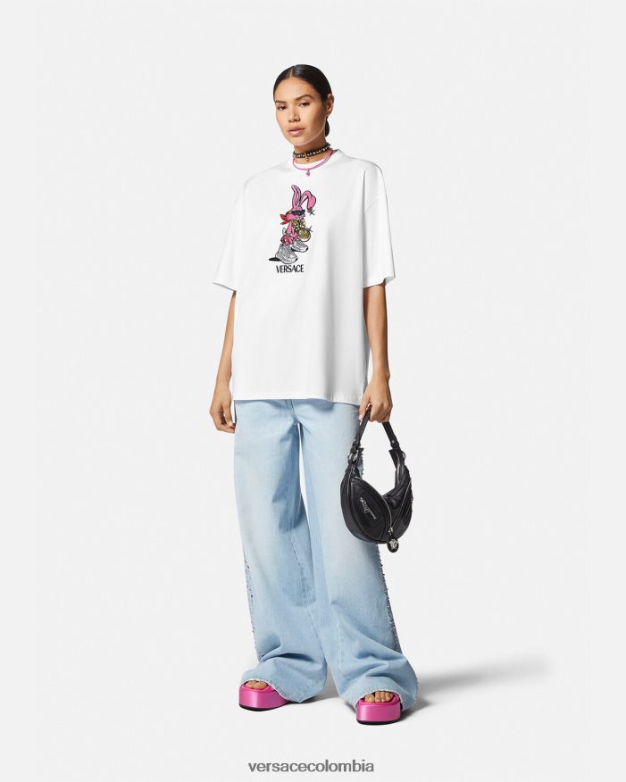 mujer camiseta del conejo del festival de primavera Versace blanco 2RP40F148 ropa