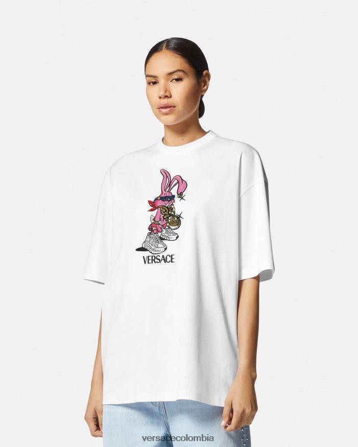 mujer camiseta del conejo del festival de primavera Versace blanco 2RP40F148 ropa