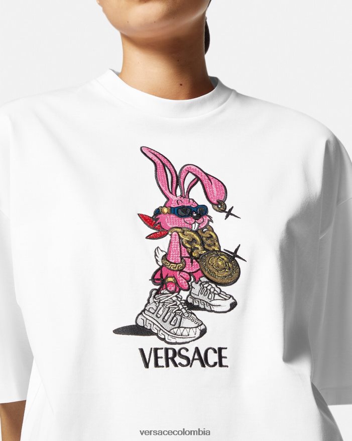 mujer camiseta del conejo del festival de primavera Versace blanco 2RP40F148 ropa