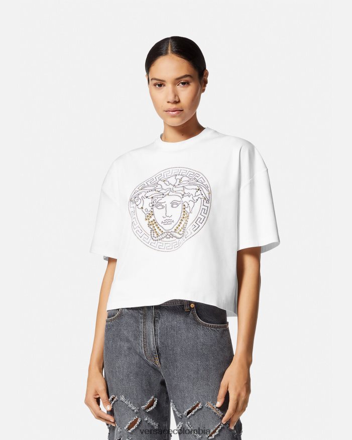 mujer top corto con tachuelas y medusa Versace blanco 2RP40F154 ropa