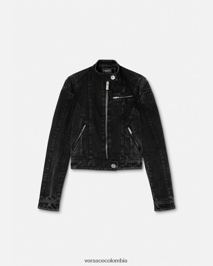 mujer chamarra biker de mezclilla con Medusa Versace negro 2RP40F100 ropa