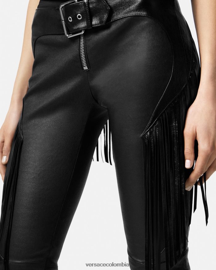 mujer pantalones de cuero con flecos Versace negro 2RP40F223 ropa