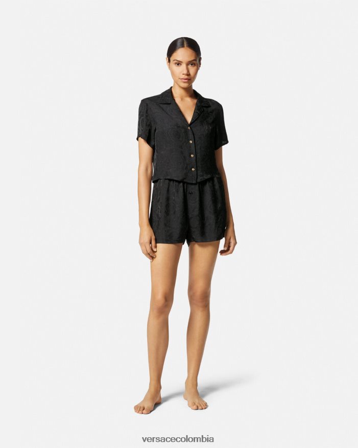 mujer shorts de pijama con borde barroco y greca Versace negro y gris 2RP40F1025 ropa interior y ropa de playa