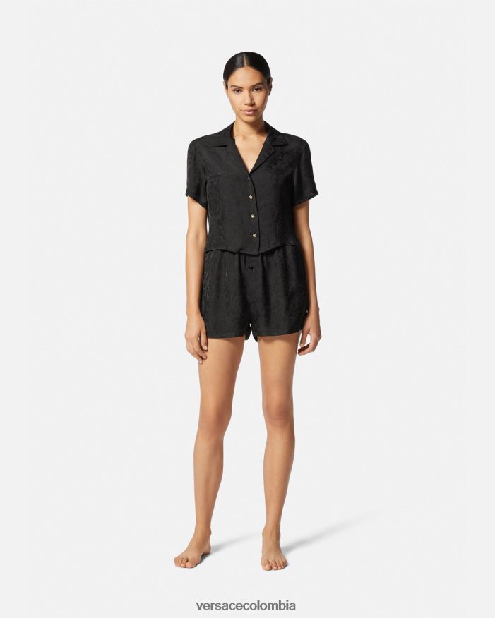 mujer top de pijama corto en jacquard barroco Versace negro y gris 2RP40F1028 ropa interior y ropa de playa