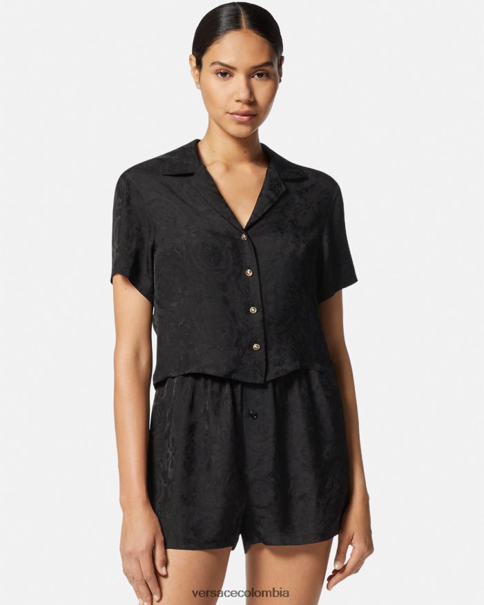 mujer top de pijama corto en jacquard barroco Versace negro y gris 2RP40F1028 ropa interior y ropa de playa