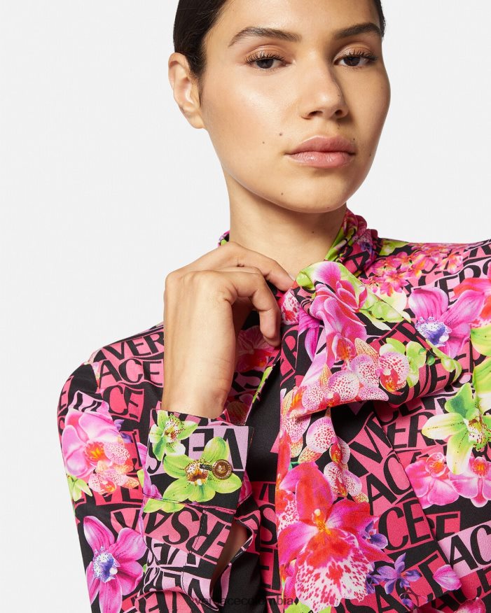 mujer vestido camisero midi con logo y orquídeas Versace negro y estampado 2RP40F68 ropa