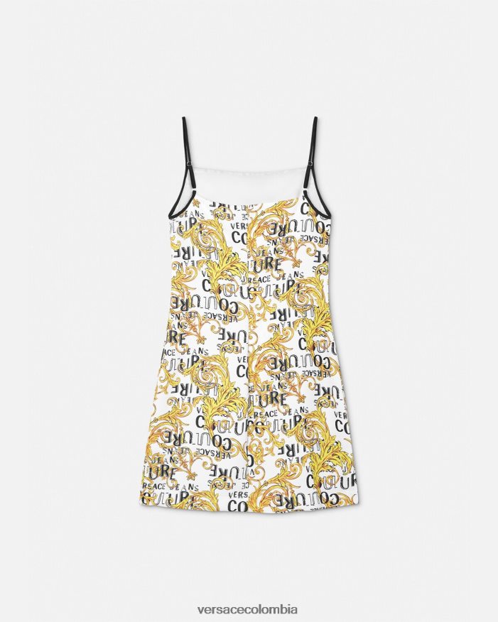 mujer vestido corto de alta costura con logo Versace oro y blanco 2RP40F2187 ropa