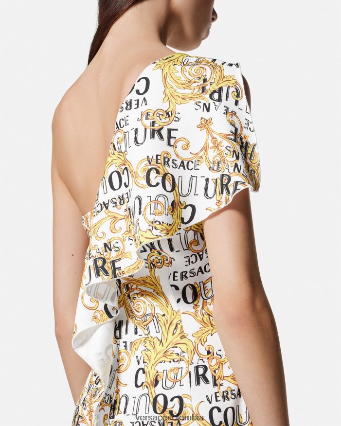 mujer vestido de alta costura con logo y un solo hombro Versace oro y blanco 2RP40F2186 ropa