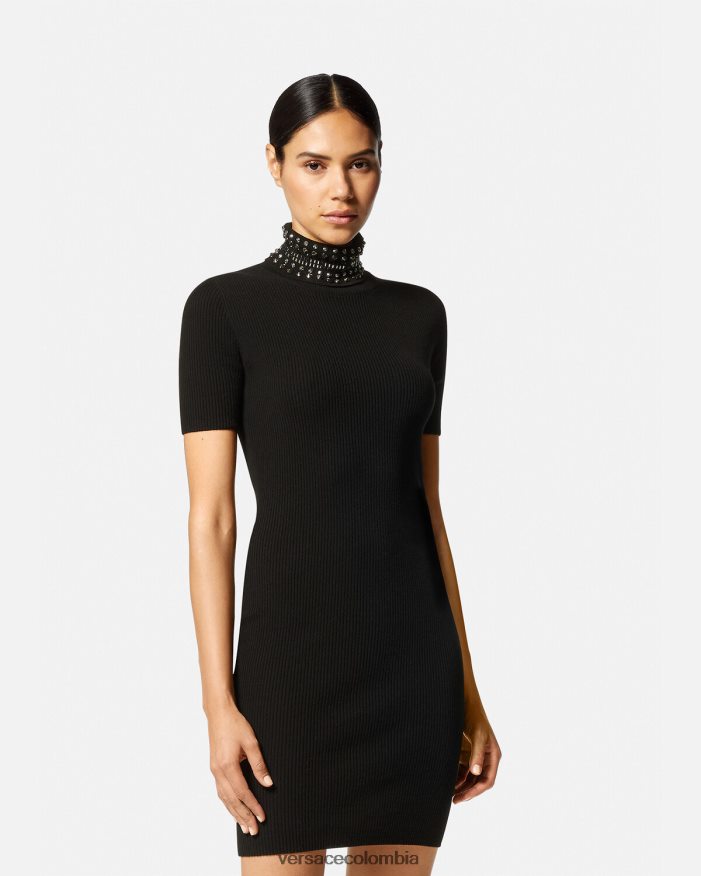 mujer vestido midi de punto con cuello alto y picos Versace negro 2RP40F71 ropa