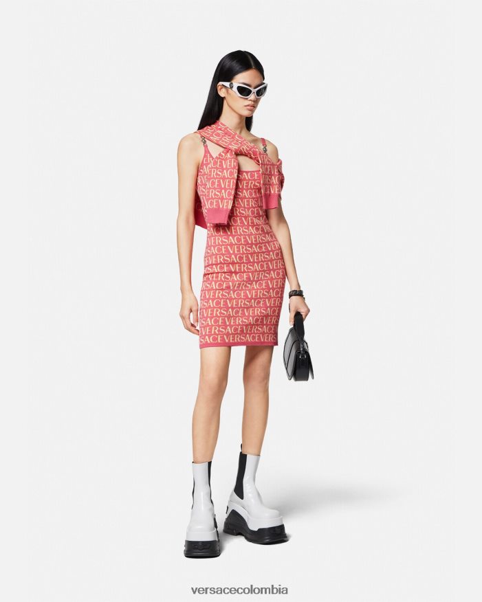 mujer vestido midi de punto integral Versace rosa y blanco 2RP40F24 ropa