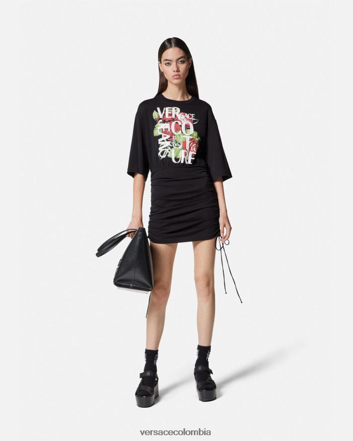 mujer vestido tipo camiseta con cordones y logo de rosas Versace negro 2RP40F2161 ropa