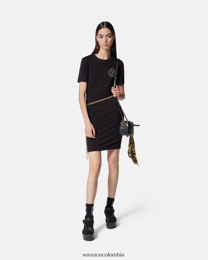 mujer vestido tipo camiseta con logo y emblema en V Versace oro negro 2RP40F2144 ropa