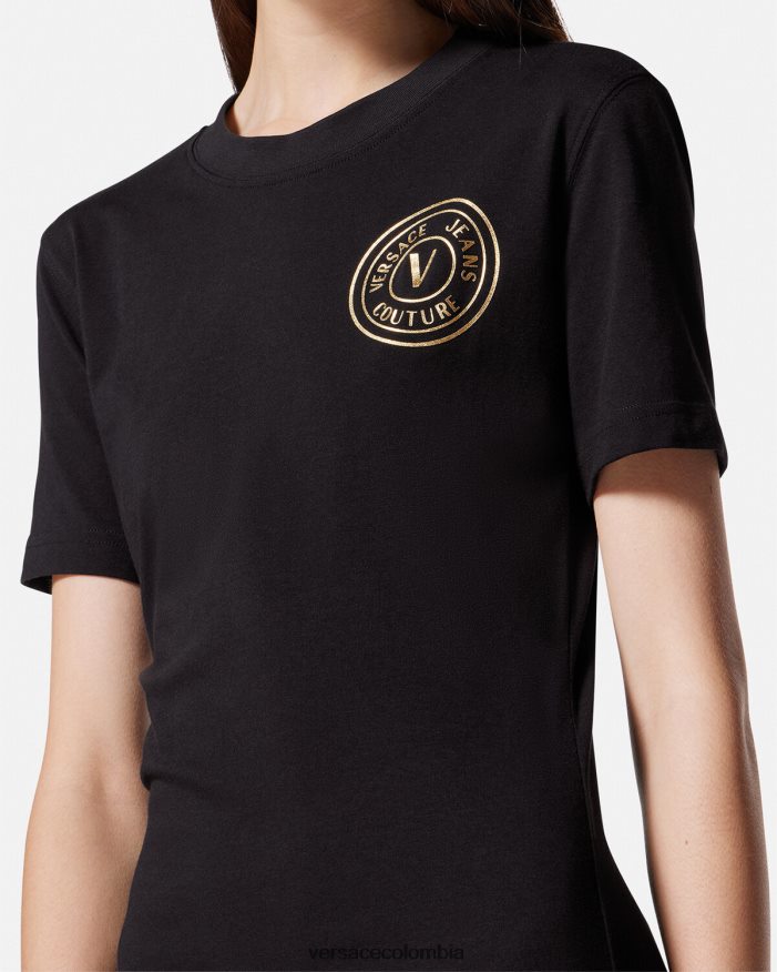 mujer vestido tipo camiseta con logo y emblema en V Versace oro negro 2RP40F2144 ropa