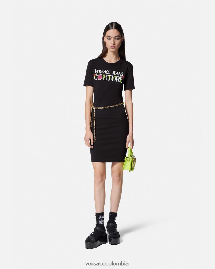 mujer vestido tipo camiseta con logo y rosas Versace negro 2RP40F2157 ropa
